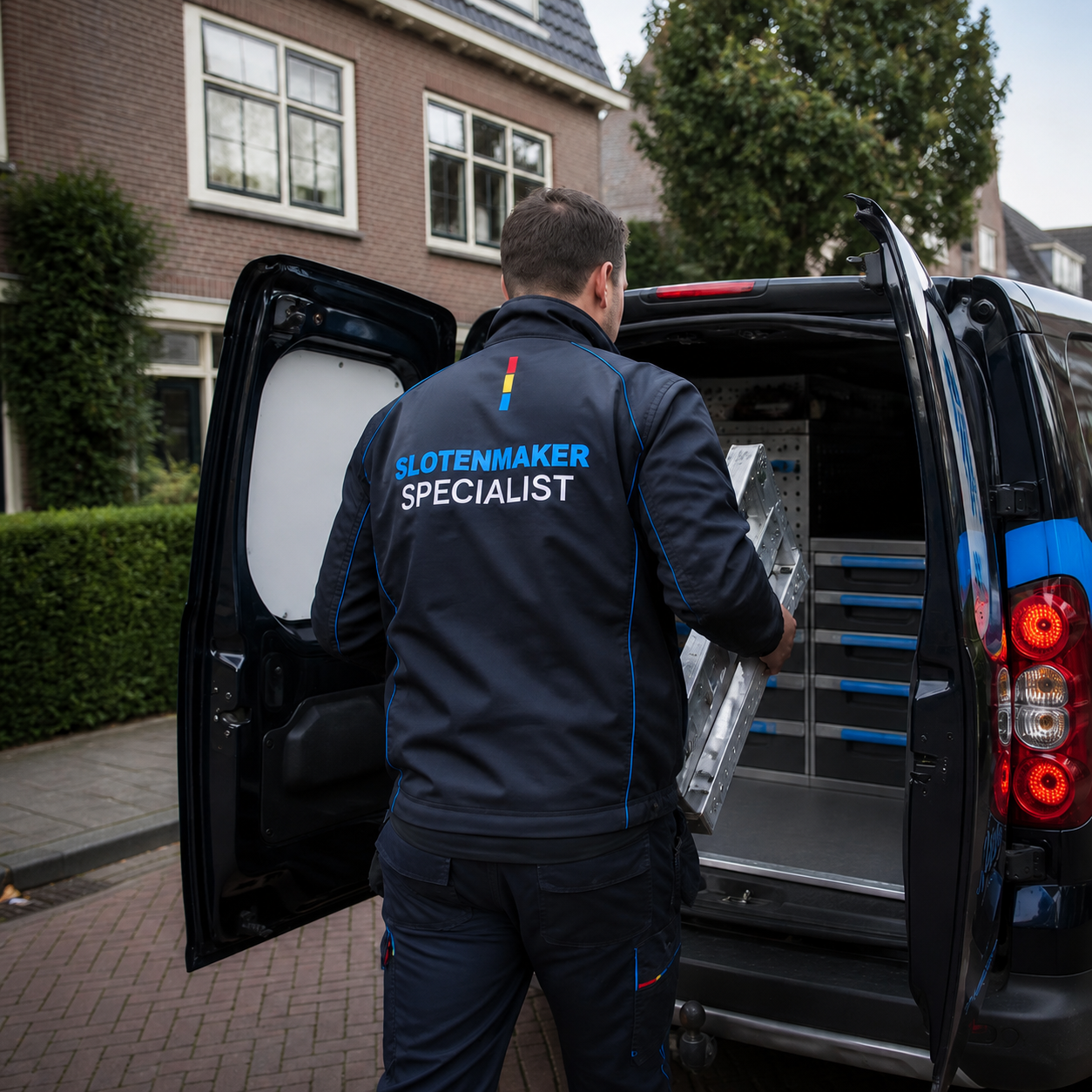 Slotenmaker specialist met materiaal uit bedrijfsbus in Almere